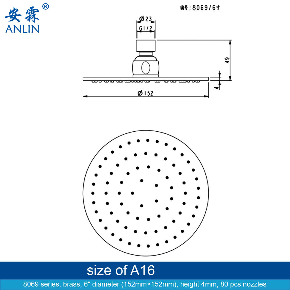 6 Inch Small, Polished Brass, Shower Head